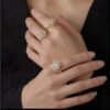 Golden Clover Rotate Rings For Women,Zircon Stainless Steel Open Adjustable Ring Golden Gift Jewelry