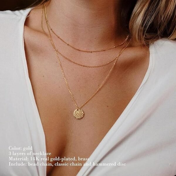 Hammered Coin Layered Necklace Set 14K Real Gold Plated Ball Chain Choker Necklace For Women
