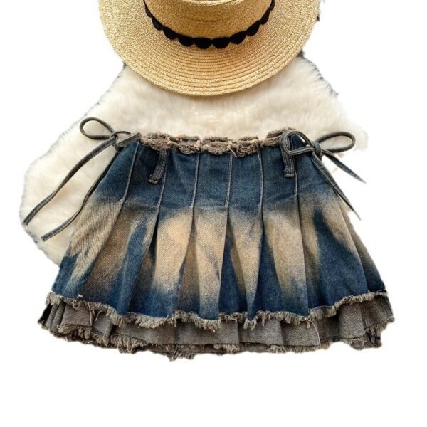 Washed Watercolor Pleated Short Skirt With Bow