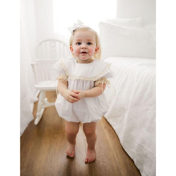 Baby Girl White Lace Romper Soft & Stylish Short Sleeve Bubble Jumpsuit For Wedding Season & Summer
