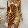 Elegant Sequins Design Long Sleeve Party Dress Women Sexy V Neck Bodycon Dresses For Women Evening Dress Christmas Clothes