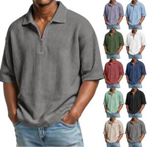 67023b6f-888e-4a3f-ad81-59f4ea41bf75.jpg Men's Waffle-Weave Short-Sleeved Shirts Summer Solid Color Lapel Polo Shirt T-Shirt Beach Style Tops
