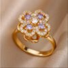 Golden Clover Rotate Rings For Women,Zircon Stainless Steel Open Adjustable Ring Golden Gift Jewelry