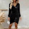 Elegant Sequins Design Long Sleeve Party Dress Women Sexy V Neck Bodycon Dresses For Women Evening Dress Christmas Clothes