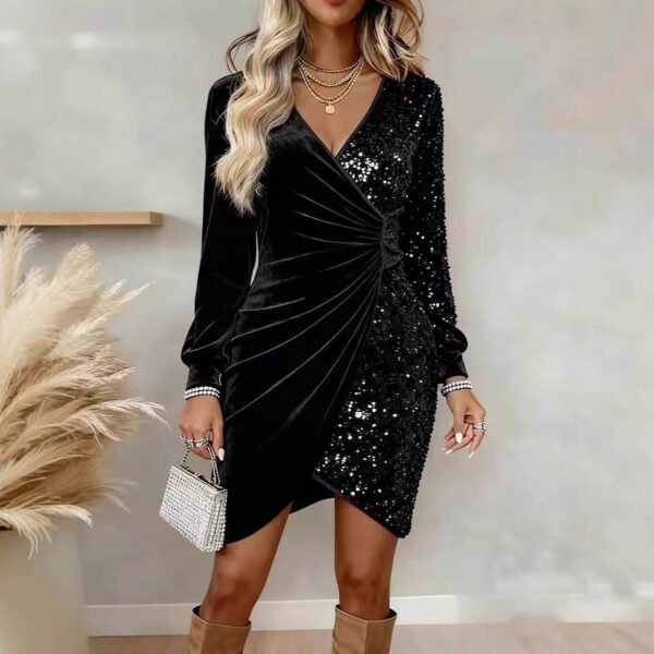 Elegant Sequins Design Long Sleeve Party Dress Women Sexy V Neck Bodycon Dresses For Women Evening Dress Christmas Clothes