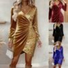 Elegant Sequins Design Long Sleeve Party Dress Women Sexy V Neck Bodycon Dresses For Women Evening Dress Christmas Clothes