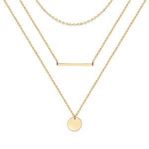 3pcs Dainty Layered Choker Necklace, Handmade 14K Gold Plated Y Pendant Necklace Multilayer Bar Disc Necklace Adjustable Layering Choker Necklaces For Women