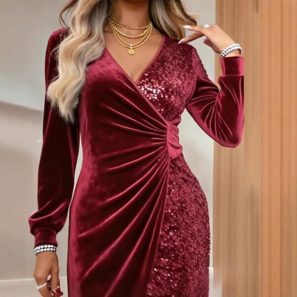 Elegant Sequins Design Long Sleeve Party Dress Women Sexy V Neck Bodycon Dresses For Women Evening Dress Christmas Clothes