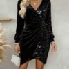 Elegant Sequins Design Long Sleeve Party Dress Women Sexy V Neck Bodycon Dresses For Women Evening Dress Christmas Clothes