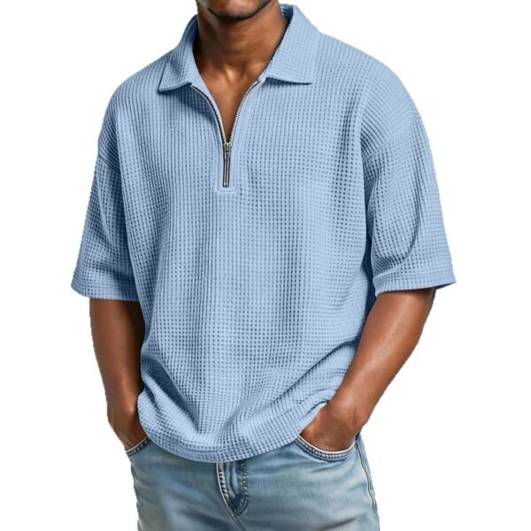 Men's Waffle-Weave Short-Sleeved Shirts Summer Solid Color Lapel Polo Shirt T-Shirt Beach Style Tops