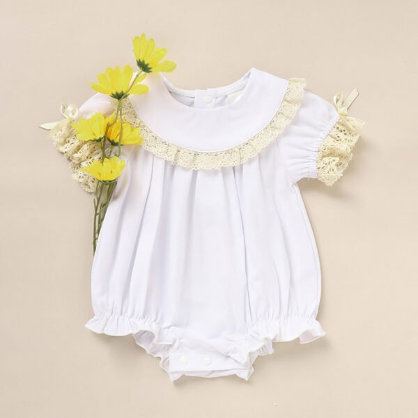 Baby Girl White Lace Romper Soft & Stylish Short Sleeve Bubble Jumpsuit For Wedding Season & Summer