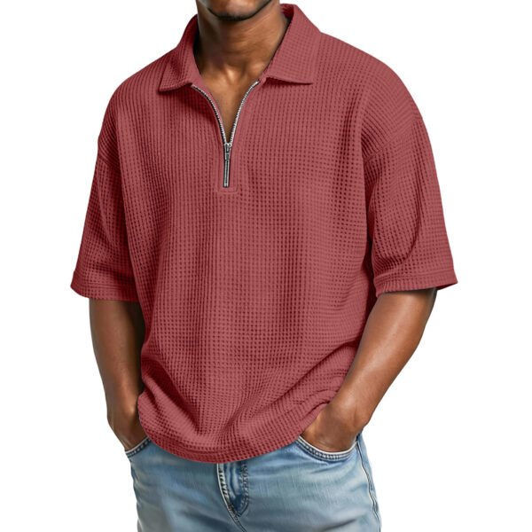 Men's Waffle-Weave Short-Sleeved Shirts Summer Solid Color Lapel Polo Shirt T-Shirt Beach Style Tops