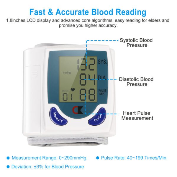 1Pc Blood Pressure Monitor Wrist Digital High Blood Pressure Cuff Heartbeat Tester With 60 Reading Memory 1.8 Inches LCD Screen Storage Box