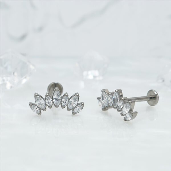 1 Pair Of Women's Earrings, 16 Gauge Implant Grade Titanium Internally Threaded Labret With Marquise And Round CZ Fan Top,Geometric Glow Earrings, Crystal Clusters Blooming